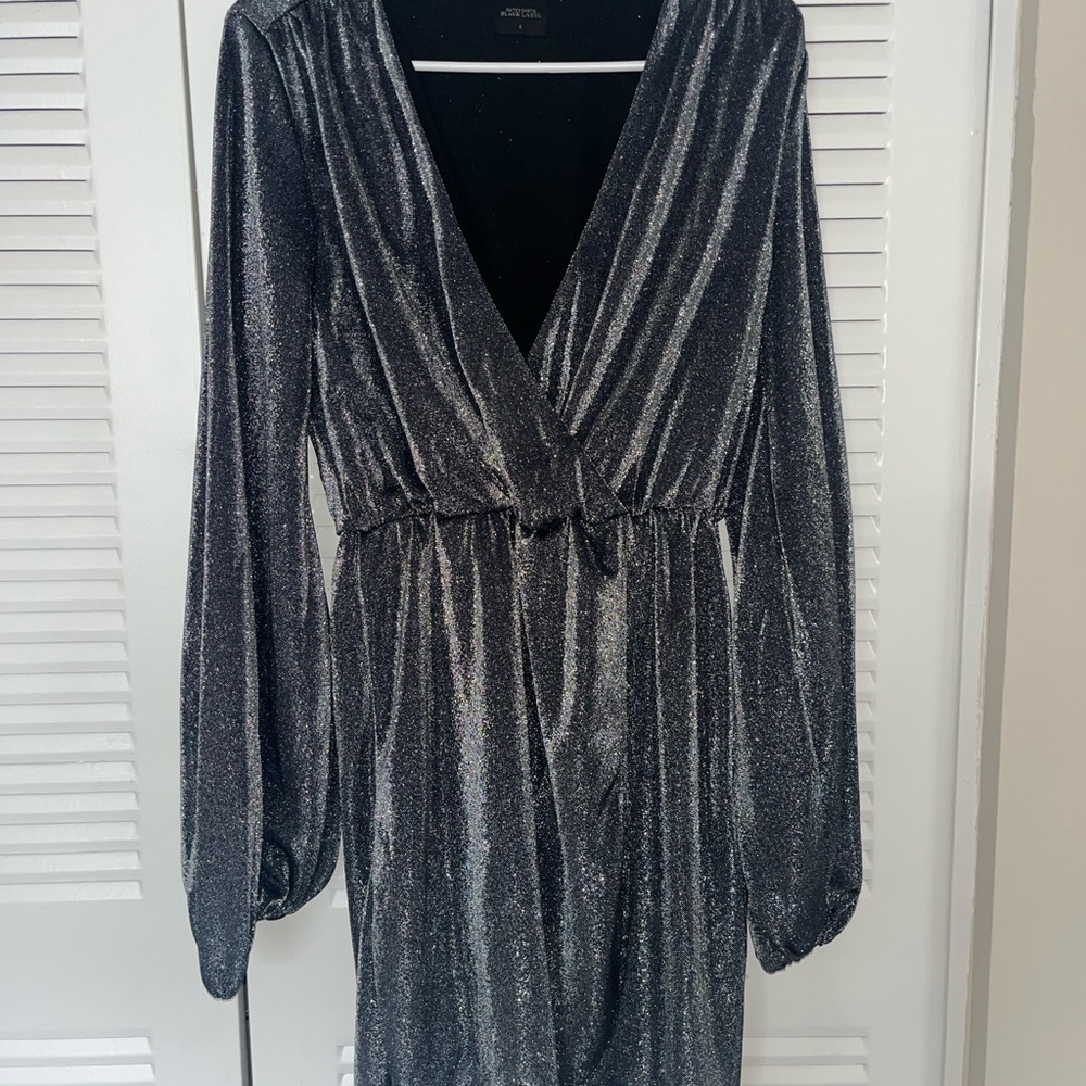 Black Label Silver Sheath Dress with Plunge Neckline and Bishop Sleeves